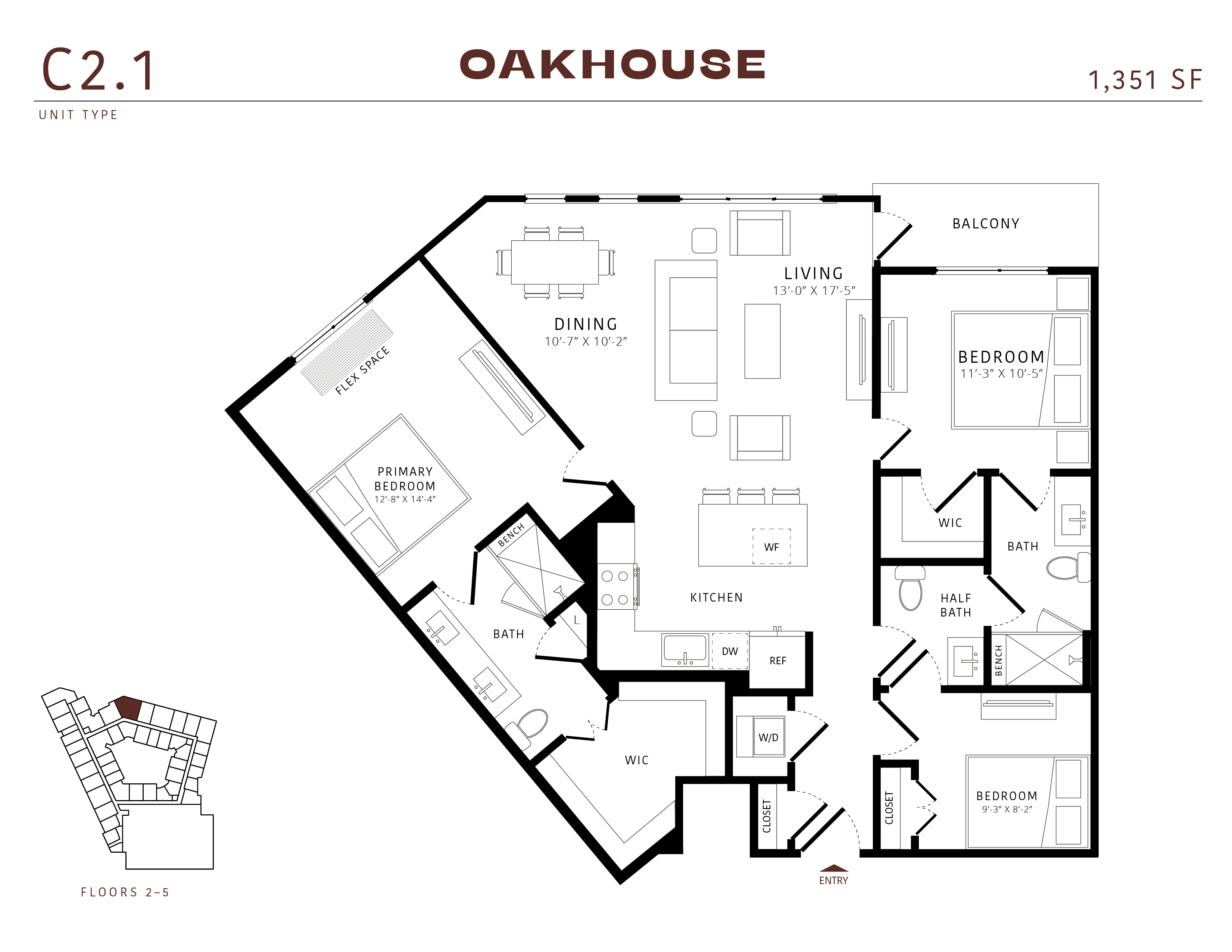 Floor plan for 3 beds, 2 baths, 1351 sqft